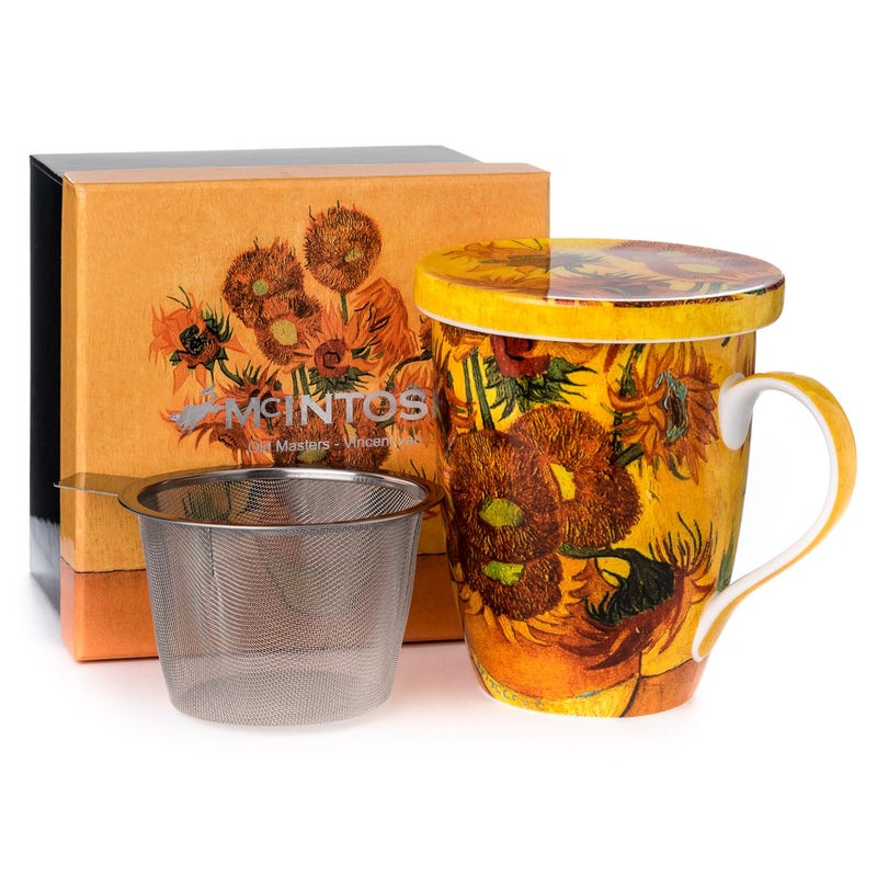 McIntosh Mugs Van Gogh Sunflowers Fine Bone ChinaTea Mug with Lid and Infuser (15 oz) - Image 2